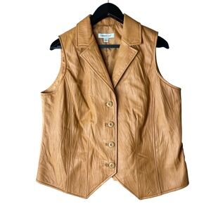 Coldwater Creek Women's Tan Gold Leather Front Vest Button Down Cinch Back Large